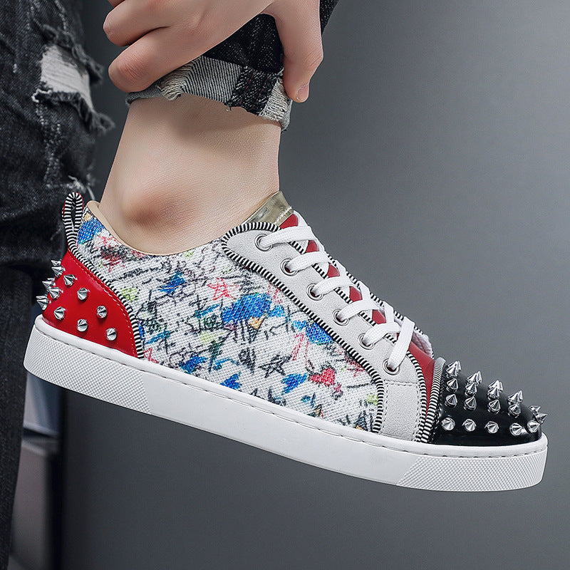 Men's Rivet-Embellished Patchwork Graffiti Red-Soled Shoes