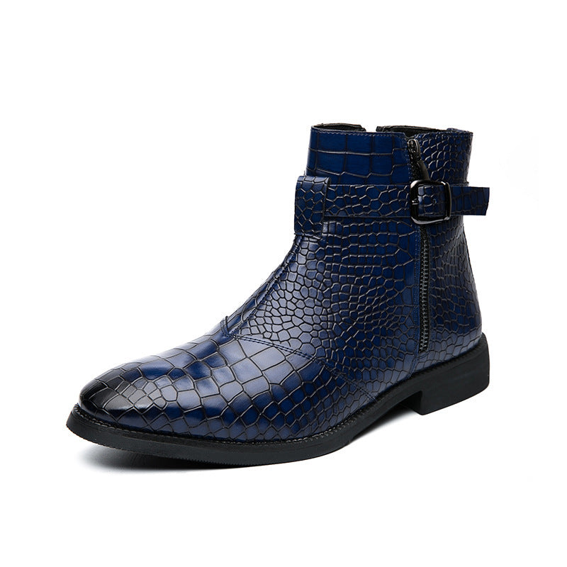 Men's Pointed-Toe Crocodile-Print Short Leather Boots