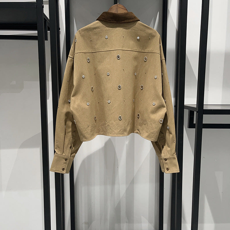 French-Style Diamond-Embellished Corduroy-Collar Low-Maintenance Cropped Jacket