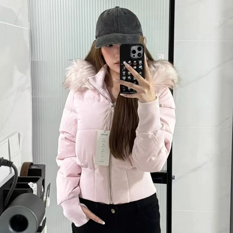 Women's 90% White Duck Down Short Puffer Jacket with Faux Fur Collar, Hood & Waist Cinch