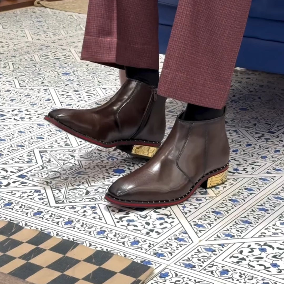 Men's Red-Sole Square-Toe Metal Block-Heel Leather Shoes