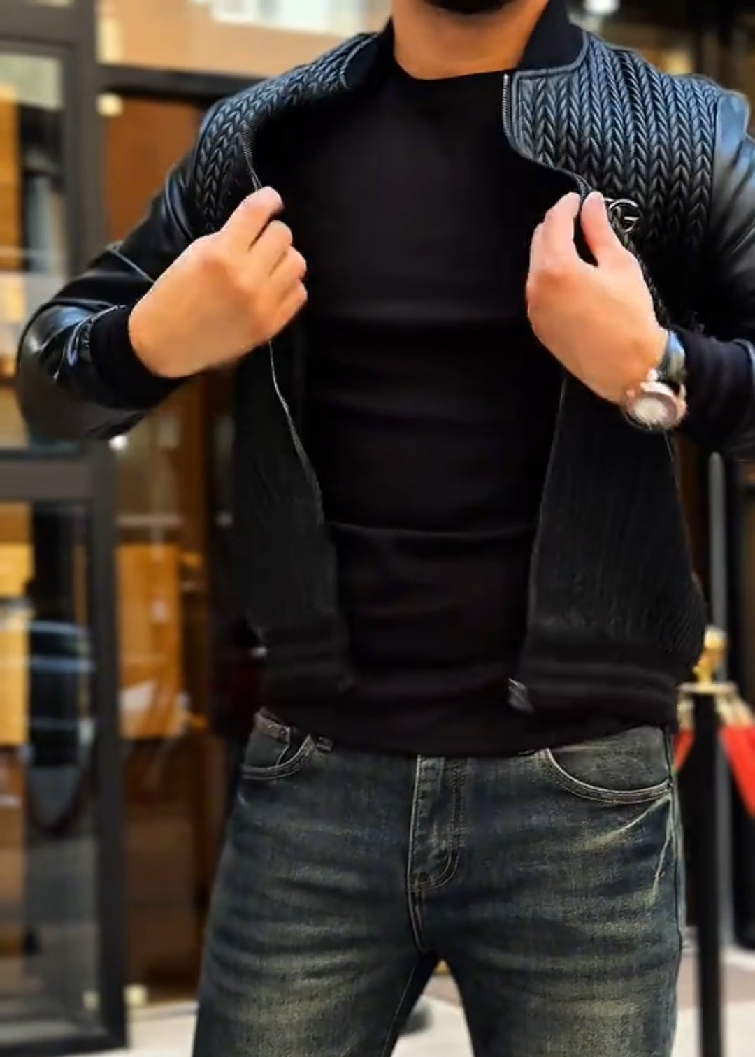 Men’s Warm Leather Jacket with Woven Texture & Color-Block Design