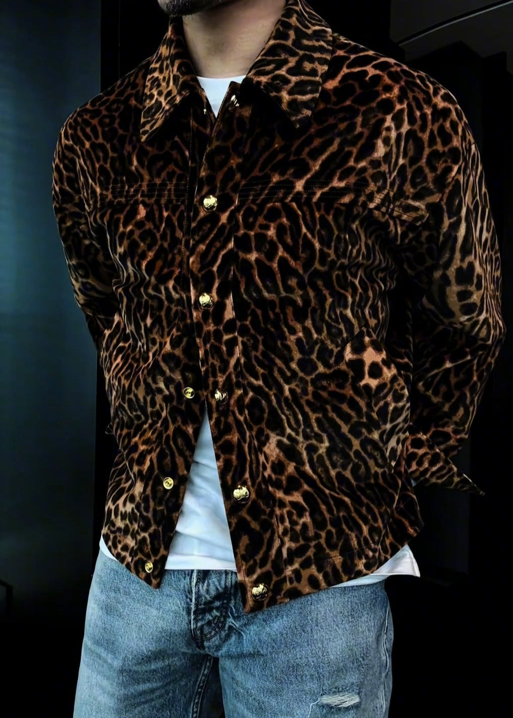 Men’s Leopard Print Side-Slit Drawstring Jacket