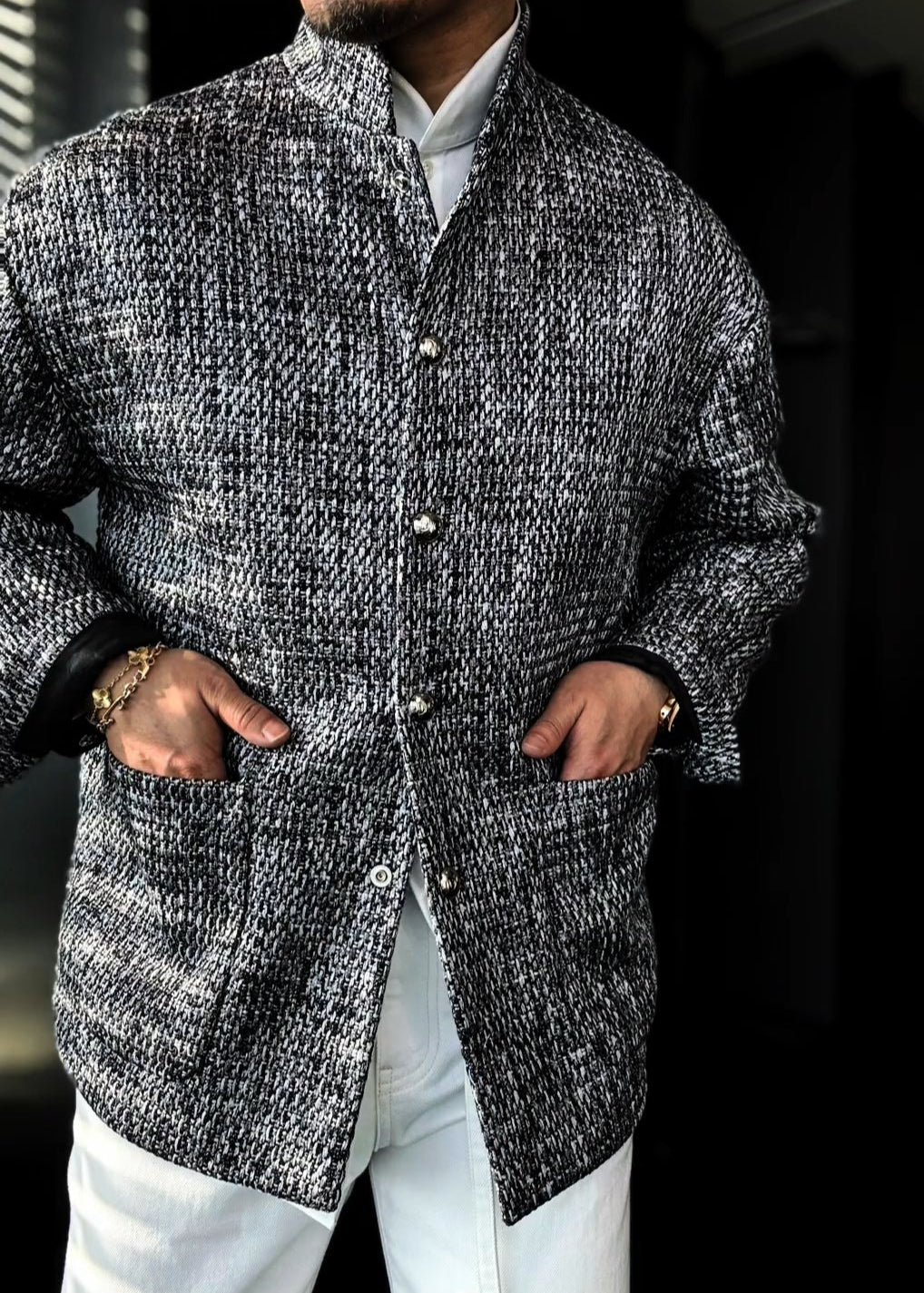 Men’s Stand-Collar Silver Gray Woven Slightly Relaxed-Fit Jacket