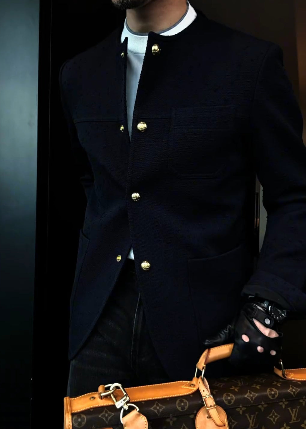 Prussian Blue Crew Neck Twill Jacket with Gold Buttons & Three Patch Pockets