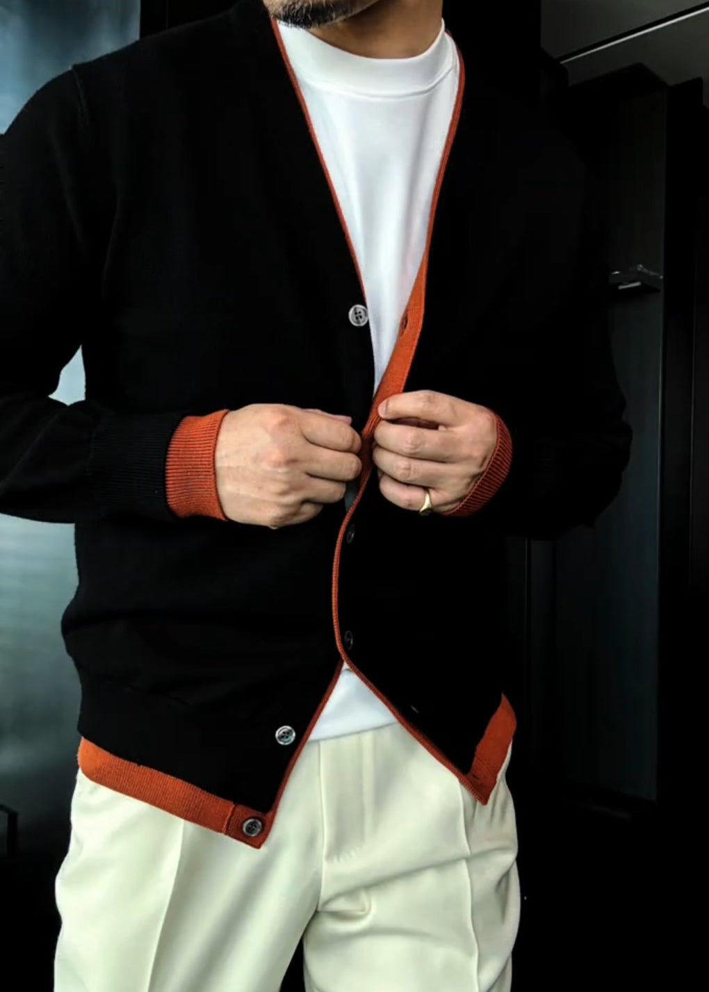 Men’s British-Style Color-Block Double-Layer Placket Wool Knitted Cardigan