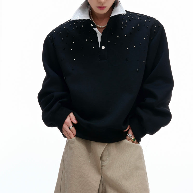 Men's Star-Pearl Sequin Collared Polo Shirt