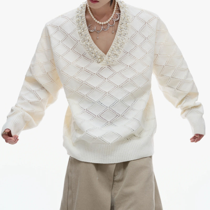 Men's Heavy-Detail Pearl Argyle V-Neck Knit Sweater