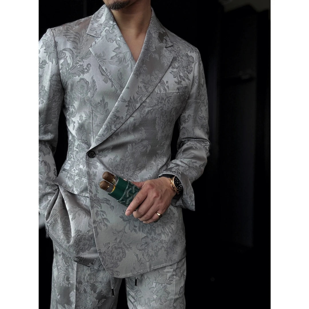 Men's Double-Breasted Single-Button Notch Lapel Jacquard Lightweight Suit Set