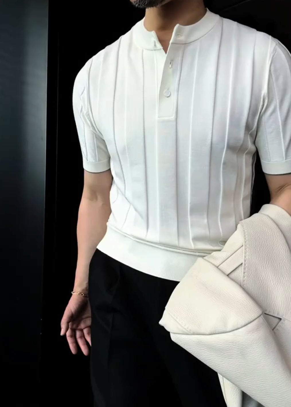 Men’s Vertical-Stripe Short-Sleeve Knit Sweater