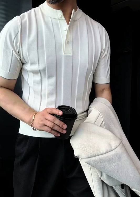 Men’s Vertical-Stripe Short-Sleeve Knit Sweater