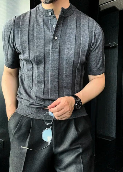 Men’s Vertical-Stripe Short-Sleeve Knit Sweater