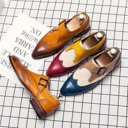 Men's color matching carved leather shoes