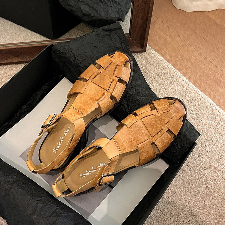 Cowhide Toe-Cap Woven Openwork Sandals