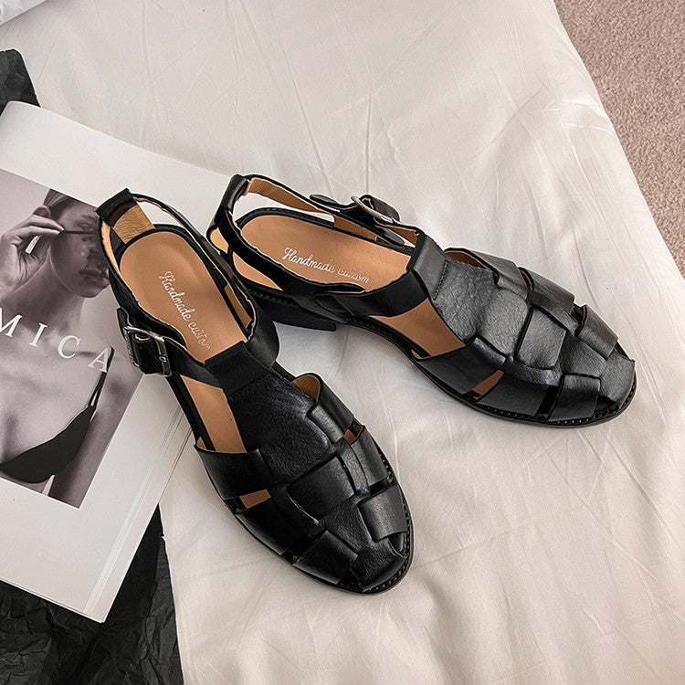 Cowhide Toe-Cap Woven Openwork Sandals