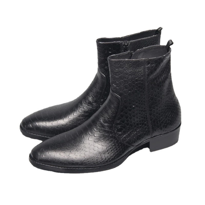 Pointed-Toe Genuine Leather Snake Print Martin Boots