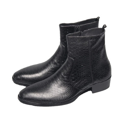 Pointed-Toe Genuine Leather Snake Print Martin Boots