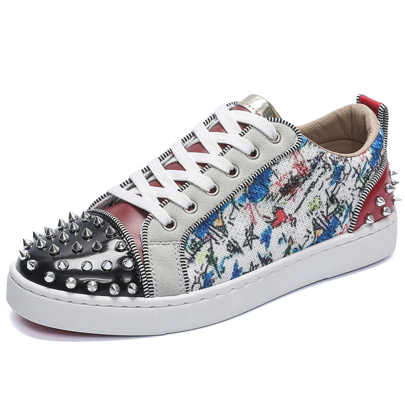 Men's Rivet-Embellished Patchwork Graffiti Red-Soled Shoes