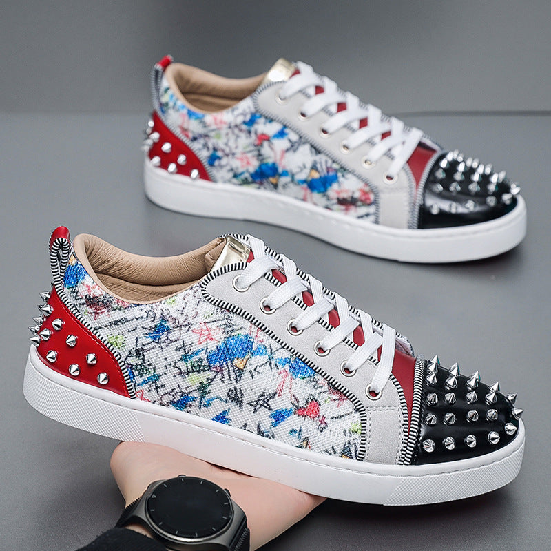 Men's Rivet-Embellished Patchwork Graffiti Red-Soled Shoes