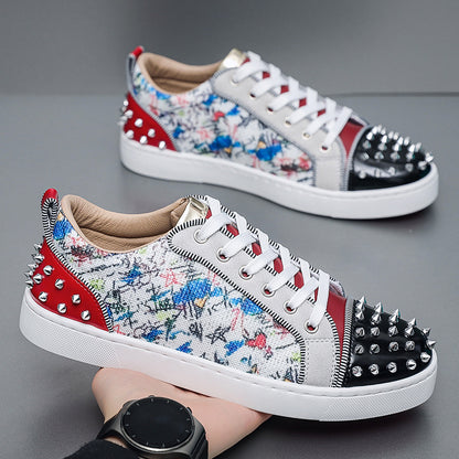 Men's Rivet-Embellished Patchwork Graffiti Red-Soled Shoes