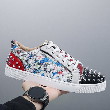 Men's Rivet-Embellished Patchwork Graffiti Red-Soled Shoes
