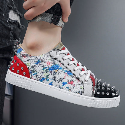 Men's Rivet-Embellished Patchwork Graffiti Red-Soled Shoes