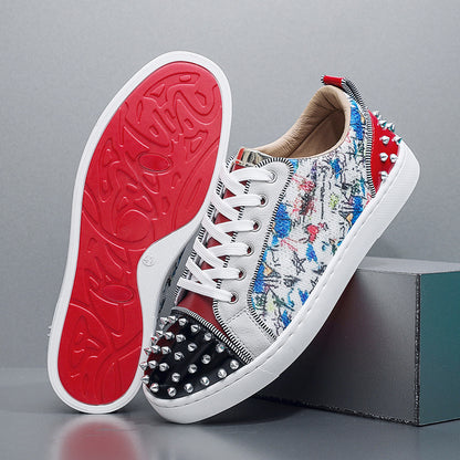 Men's Rivet-Embellished Patchwork Graffiti Red-Soled Shoes
