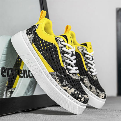 Men's Woven Mesh Paneled White Sneakers