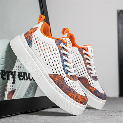 Men's Woven Mesh Paneled White Sneakers