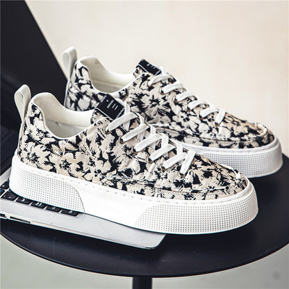 Men's Black and White Printed Comfortable Canvas Shoes