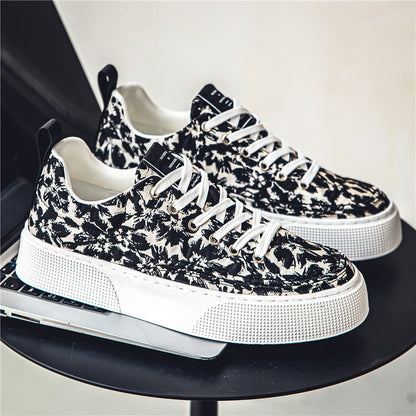 Men's Black and White Printed Comfortable Canvas Shoes