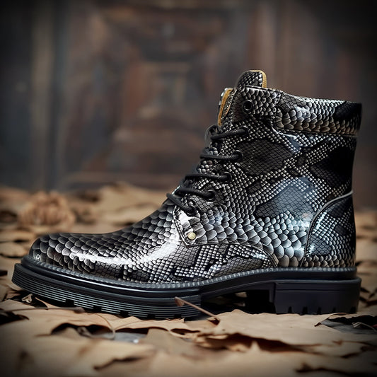 Men's Vintage Snake-Print Mid-Top Leather Boots