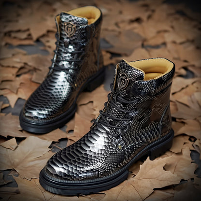 Men's Vintage Snake-Print Mid-Top Leather Boots