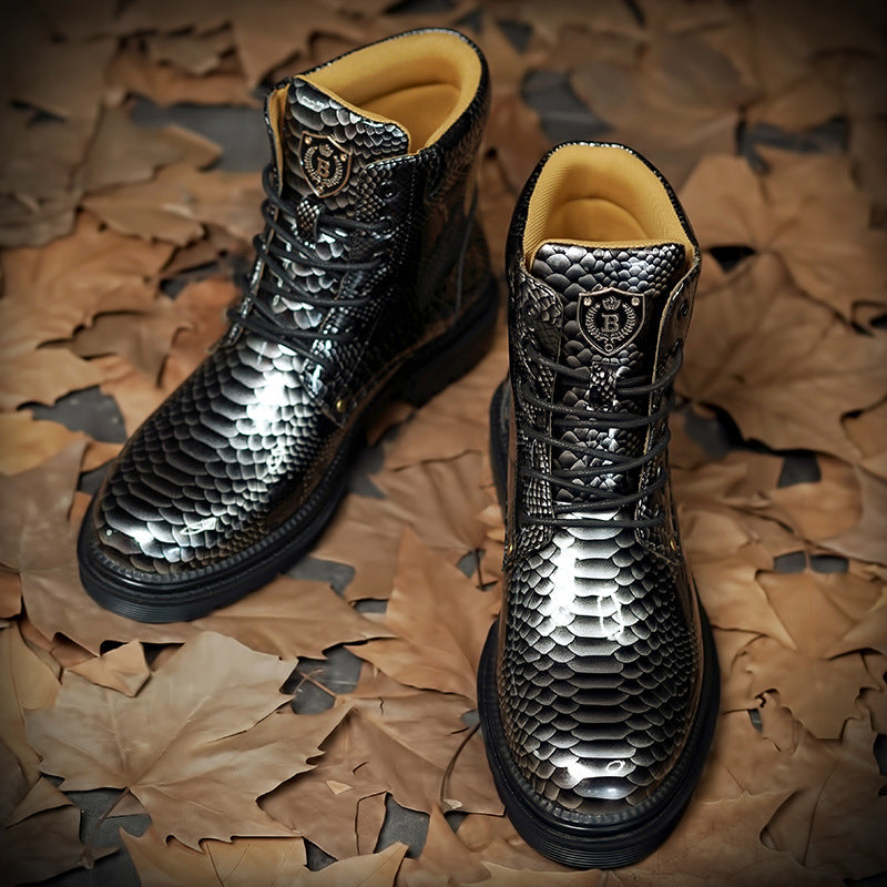 Men's Vintage Snake-Print Mid-Top Leather Boots