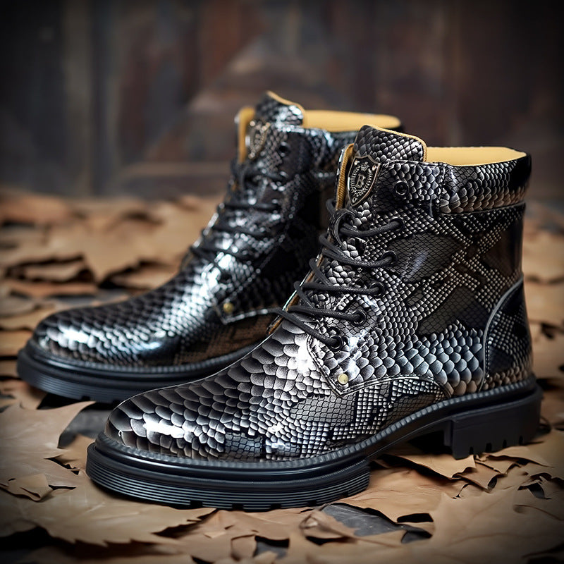 Men's Vintage Snake-Print Mid-Top Leather Boots