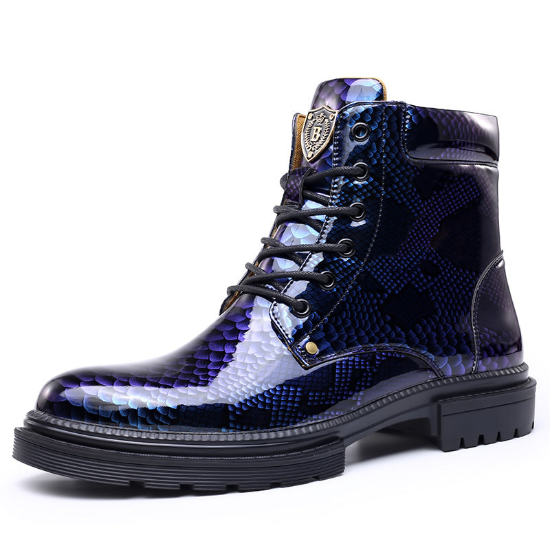 Men's Vintage Snake-Print Mid-Top Leather Boots