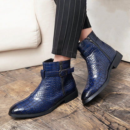 Men's Pointed-Toe Crocodile-Print Short Leather Boots