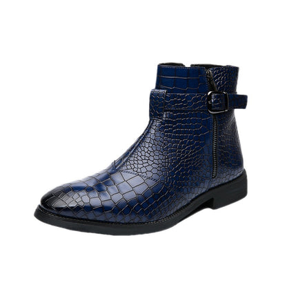 Men's Pointed-Toe Crocodile-Print Short Leather Boots