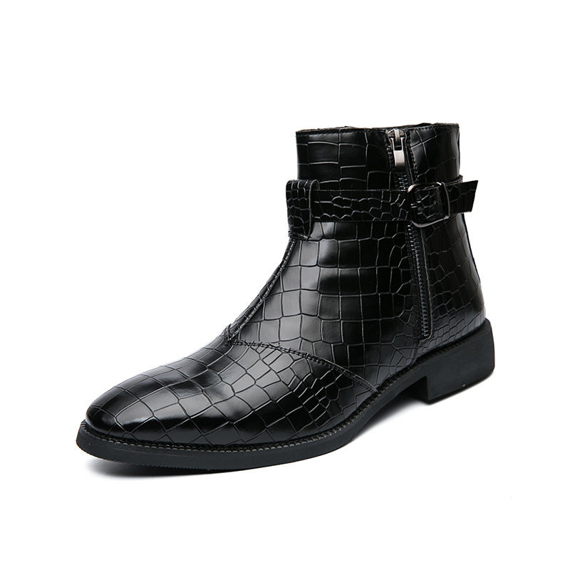 Men's Pointed-Toe Crocodile-Print Short Leather Boots