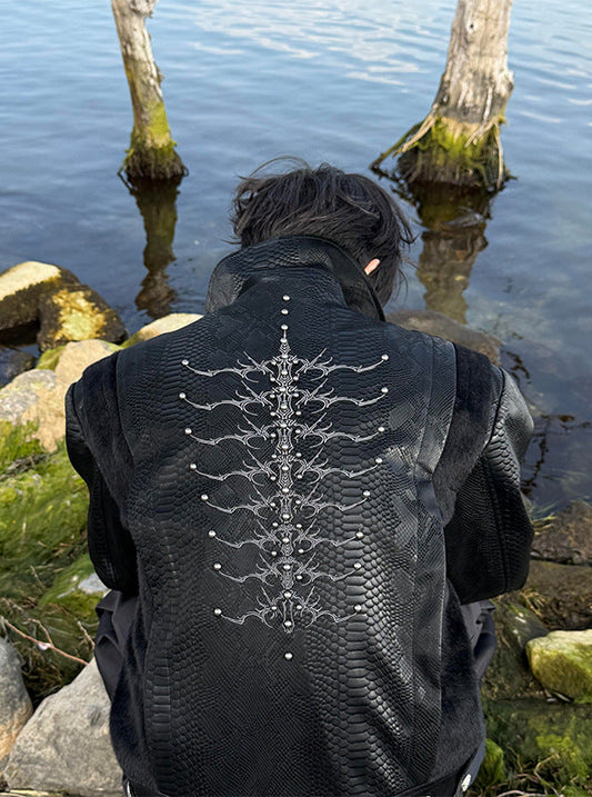 Men's Niche Snake-Eye & Spine-Patterned Snakeskin Leather Jacket
