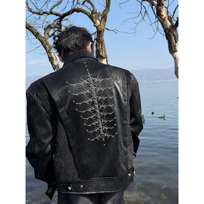 Men's Niche Snake-Eye & Spine-Patterned Snakeskin Leather Jacket