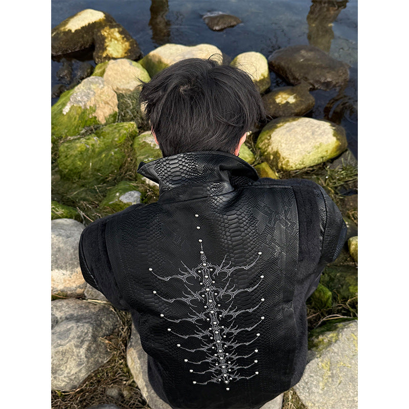 Men's Niche Snake-Eye & Spine-Patterned Snakeskin Leather Jacket