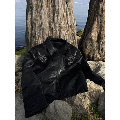 Men's Niche Snake-Eye & Spine-Patterned Snakeskin Leather Jacket
