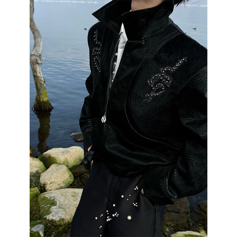 Men's Niche Snake-Eye & Spine-Patterned Snakeskin Leather Jacket