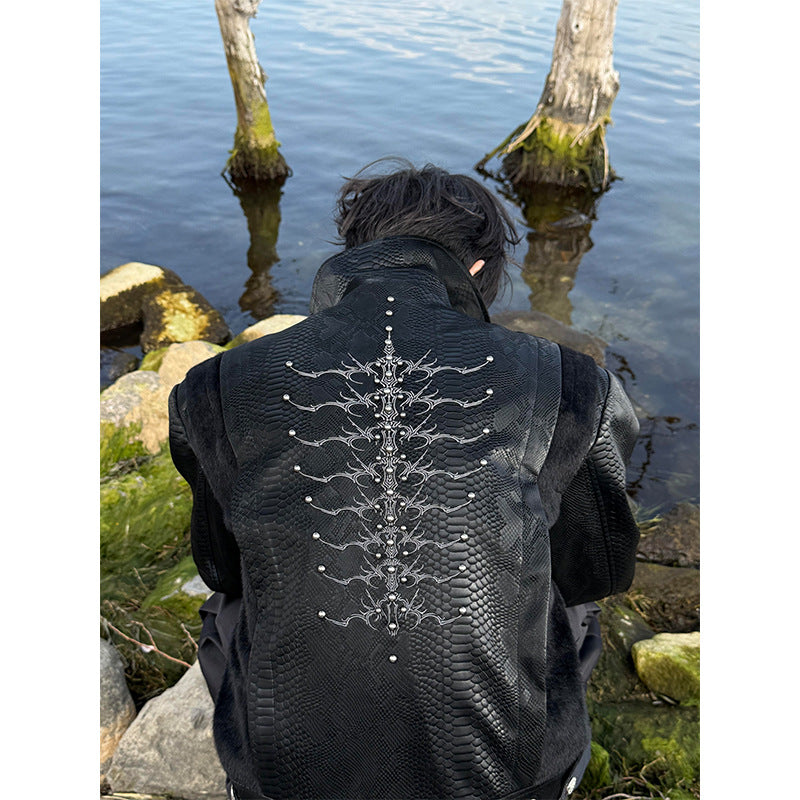 Men's Niche Snake-Eye & Spine-Patterned Snakeskin Leather Jacket
