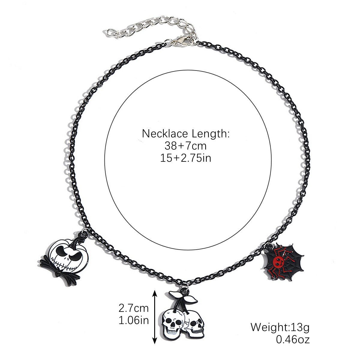 Gothic Halloween Dark-Themed Necklace with Bats, Ghosts, Skulls, Pumpkins & Spiders