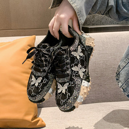 Women's Casual Shoes with Butterfly Rhinestones & Durian-Inspired Sole
