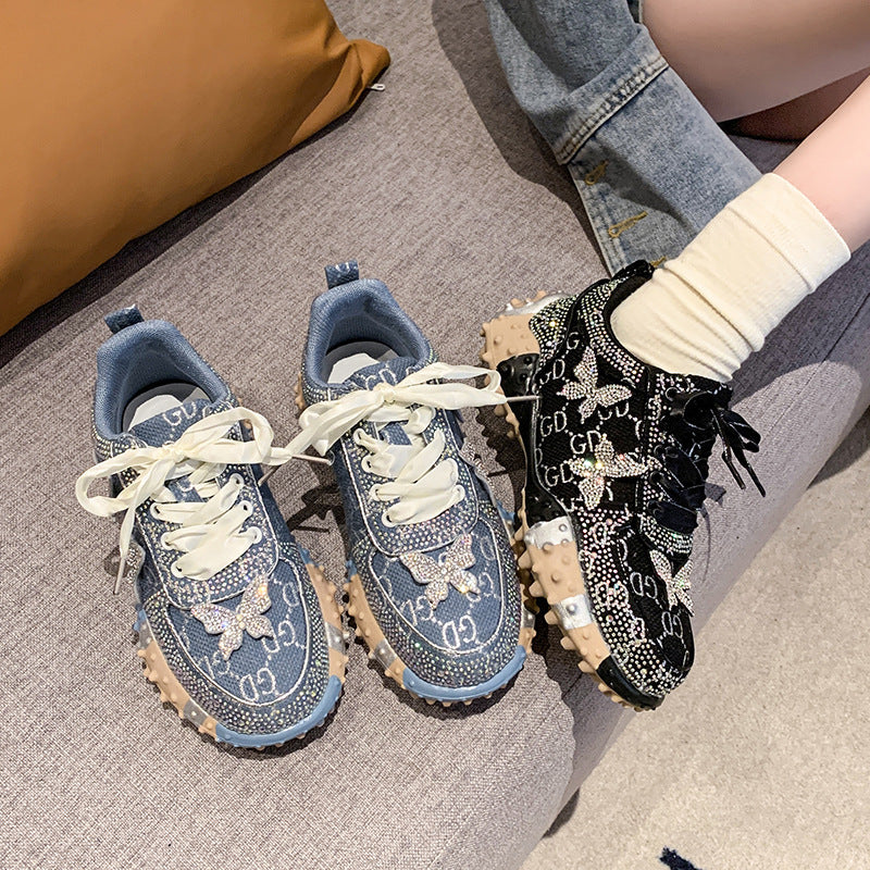Women's Casual Shoes with Butterfly Rhinestones & Durian-Inspired Sole