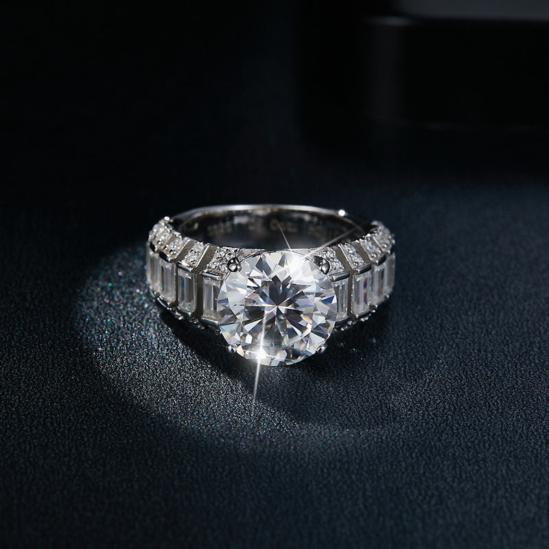 Luxury Round Moissanite Ring with Baguette Accent Diamonds