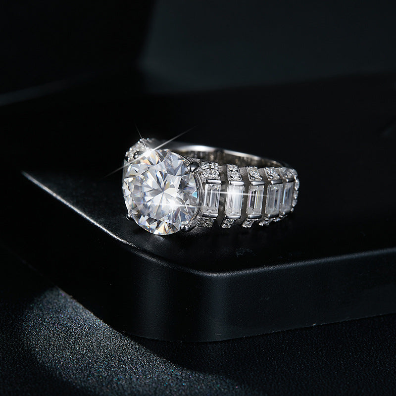 Luxury Round Moissanite Ring with Baguette Accent Diamonds